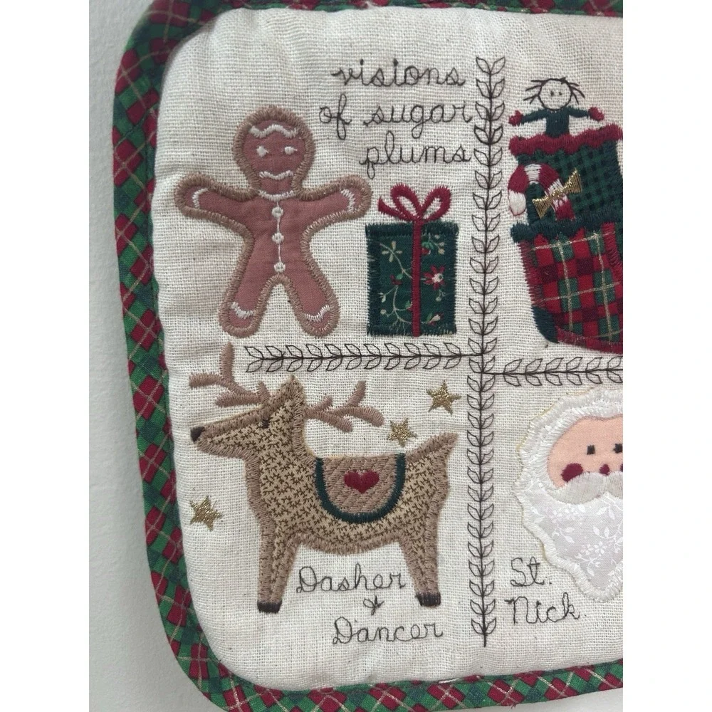 Vintage Christmas Pot Holder Set appliqué Folk art country apples st nick plaid
